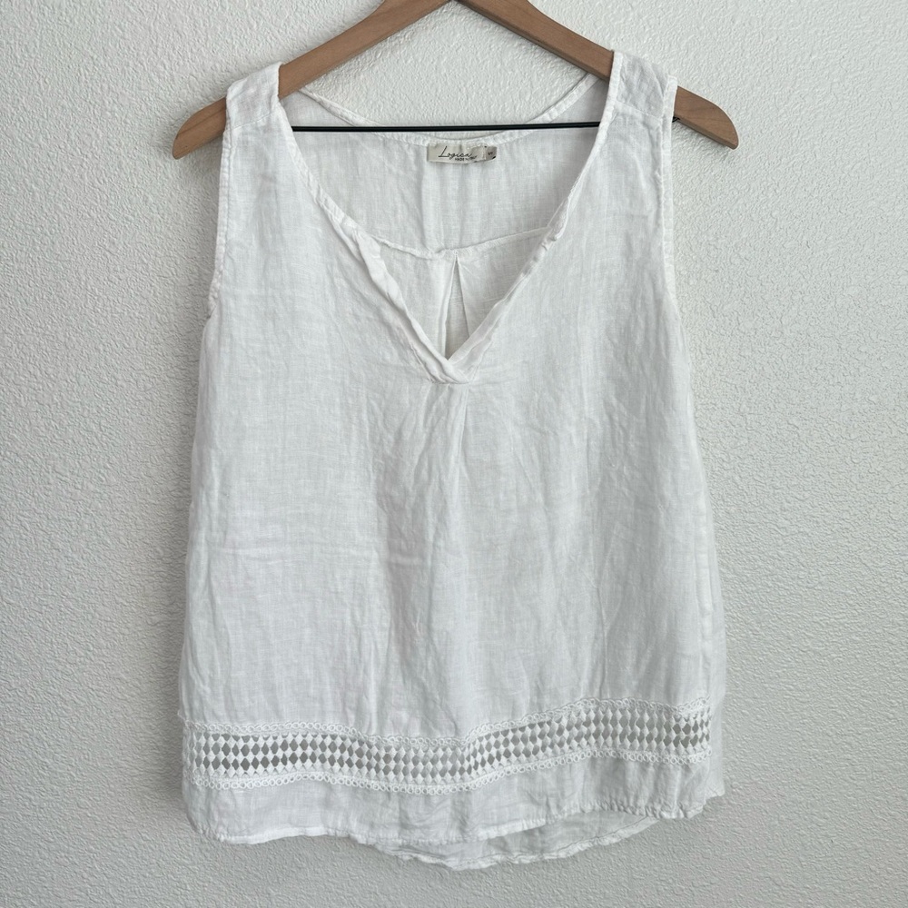 Logica Made in Italy Women's Small Tank White Linen Coastal Crochet Trim Boho